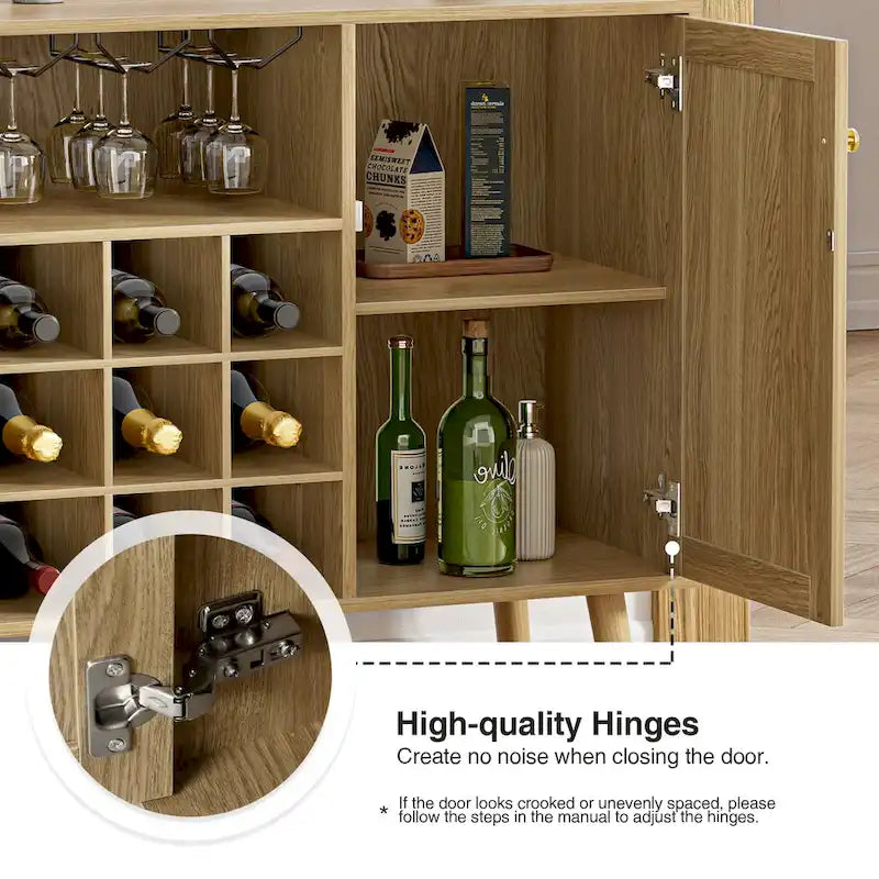 Farmhouse Wood Rattan 2-Door Kitchen Buffet Sideboard Storage Wine Cabinet with Wine Rack and Glass Holder