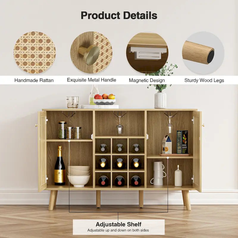 Farmhouse Wood Rattan 2-Door Kitchen Buffet Sideboard Storage Wine Cabinet with Wine Rack and Glass Holder