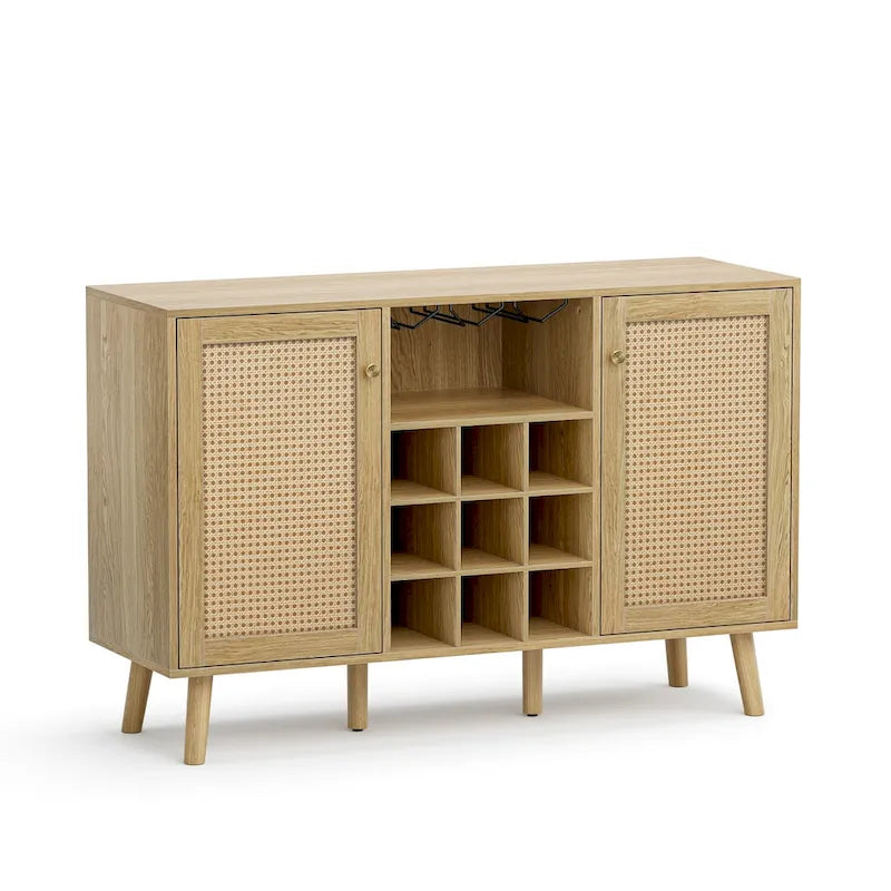 Farmhouse Wood Rattan 2-Door Kitchen Buffet Sideboard Storage Wine Cabinet with Wine Rack and Glass Holder