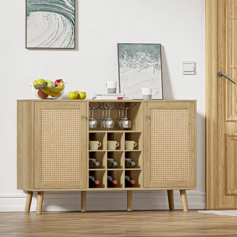 Farmhouse Wood Rattan 2-Door Kitchen Buffet Sideboard Storage Wine Cabinet with Wine Rack and Glass Holder