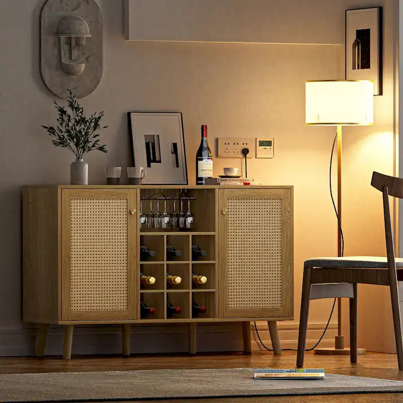 Farmhouse Wood Rattan 2-Door Kitchen Buffet Sideboard Storage Wine Cabinet with Wine Rack and Glass Holder