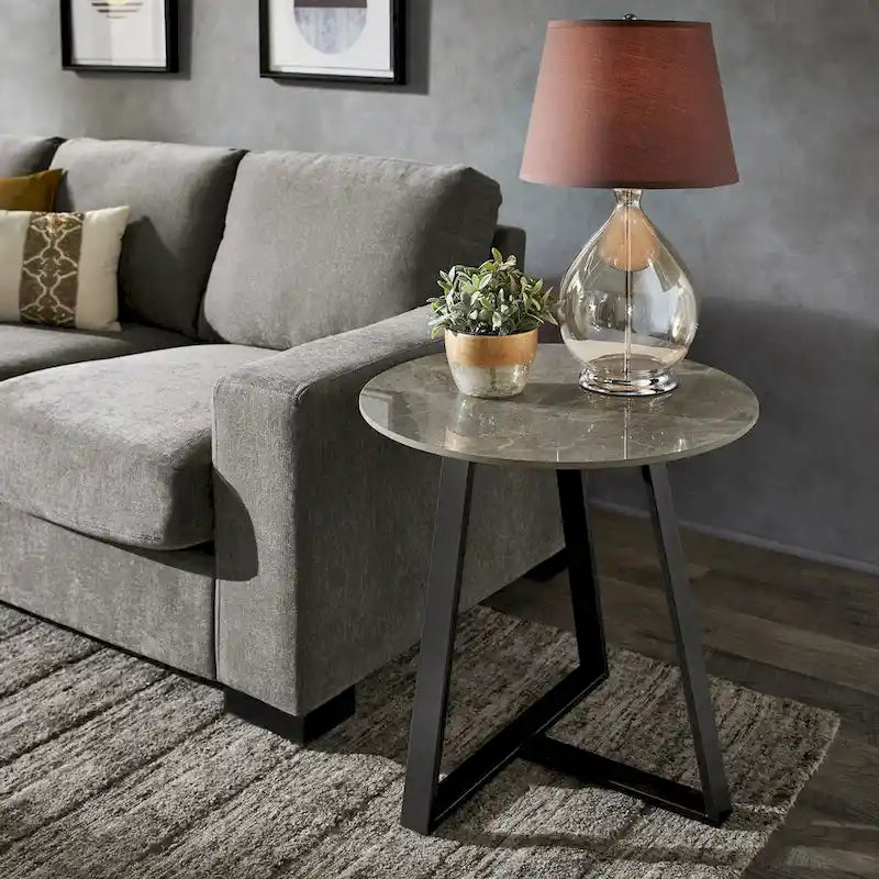 Glossy Sintered Stone with Grey Metal Base End Table