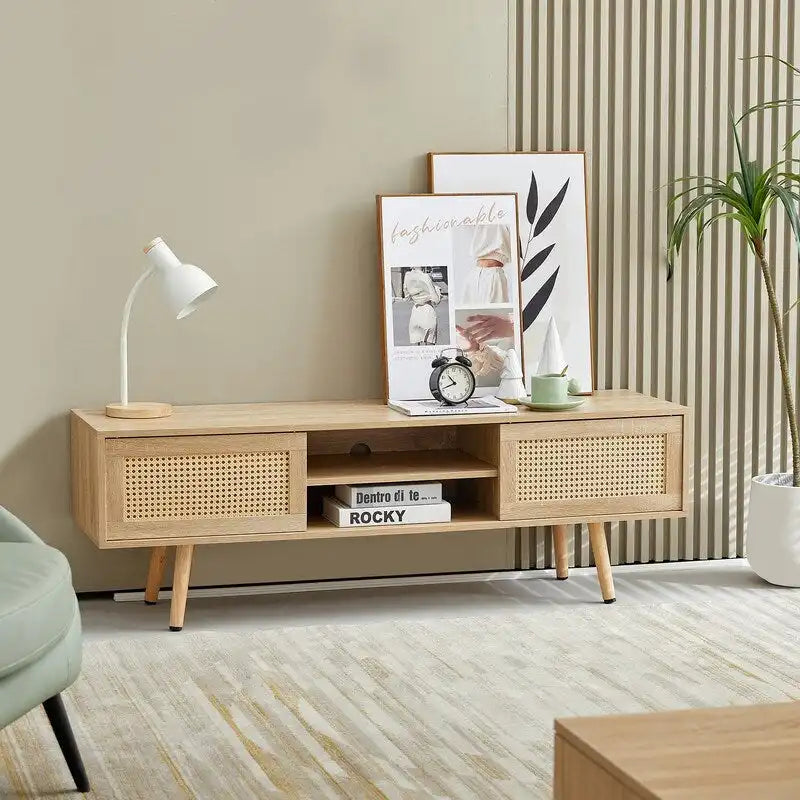 55.12 Rattan TV cabinet, double sliding doors