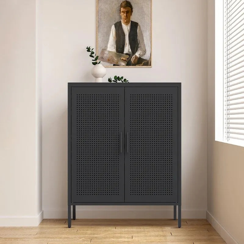 Metal Storage Cabinet with 2 Doors and 2 Adjustable Shelves, Steel Lockable Garage Storage Cabinet, Metal File Cabinet
